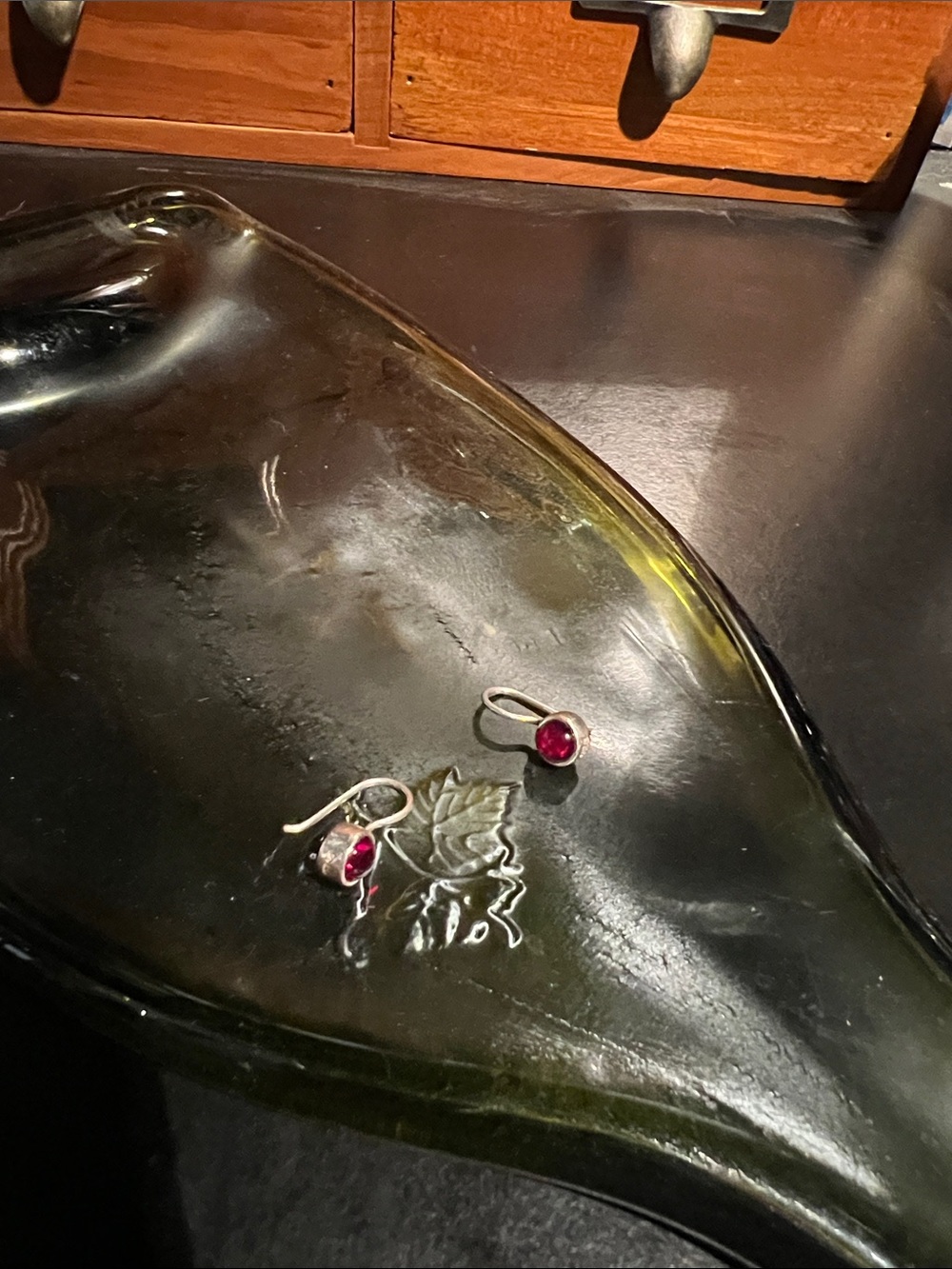 Signed and stamped Sterling Silver earrings with red pink glass